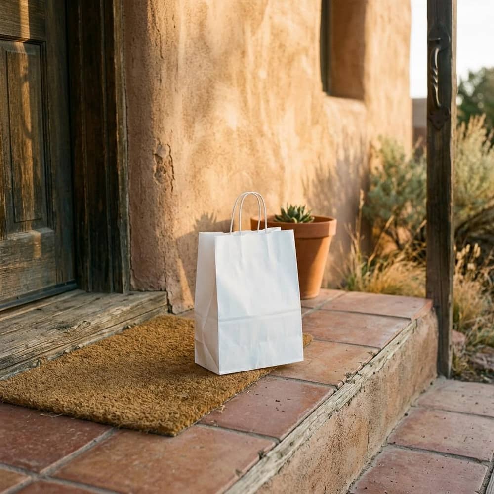White pharmacy bag resting on a front porch step in evening sun