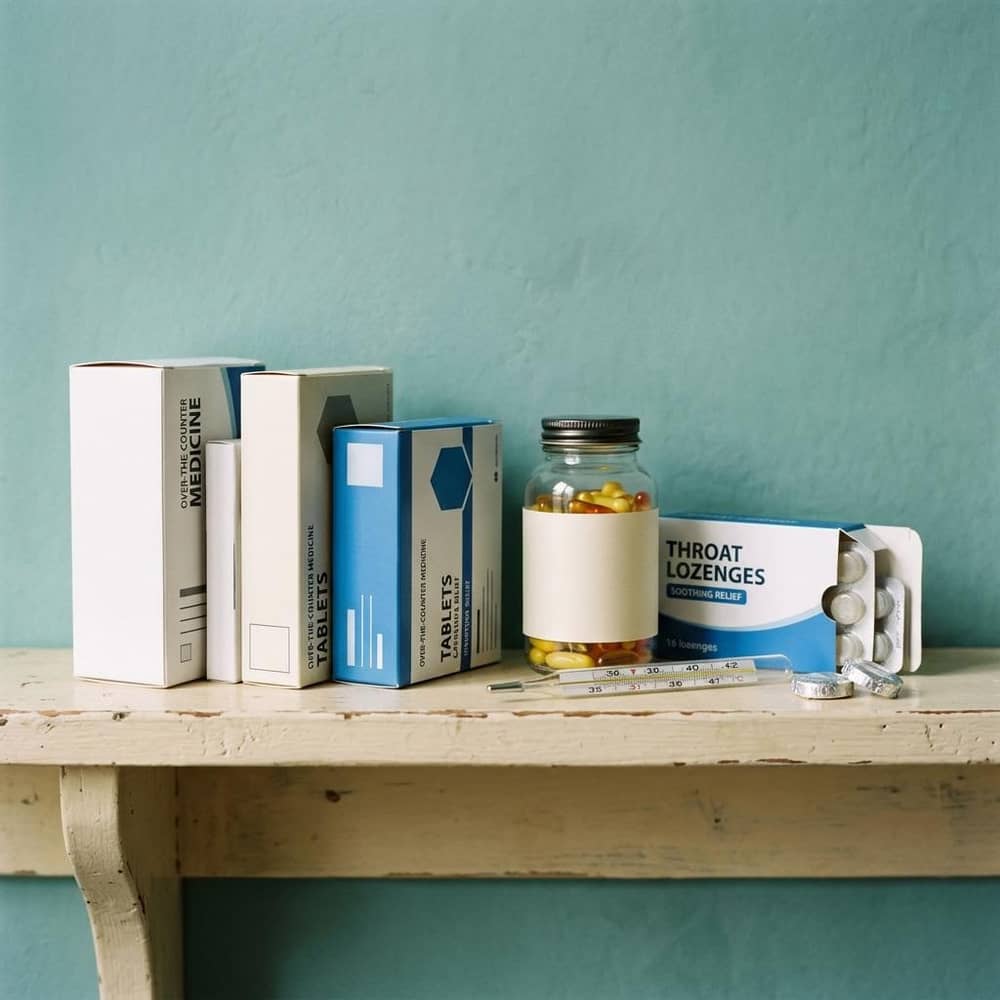 Over-the-counter medicine boxes, thermometer and lozenges on a shelf