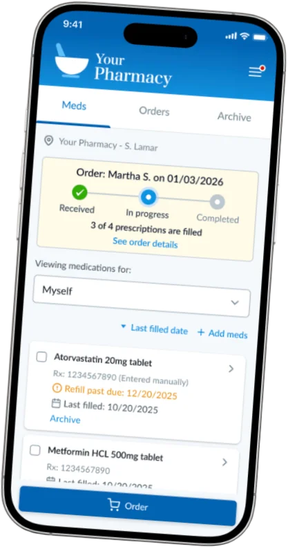 Patient portal medications screen showing an order in progress and a list of prescriptions