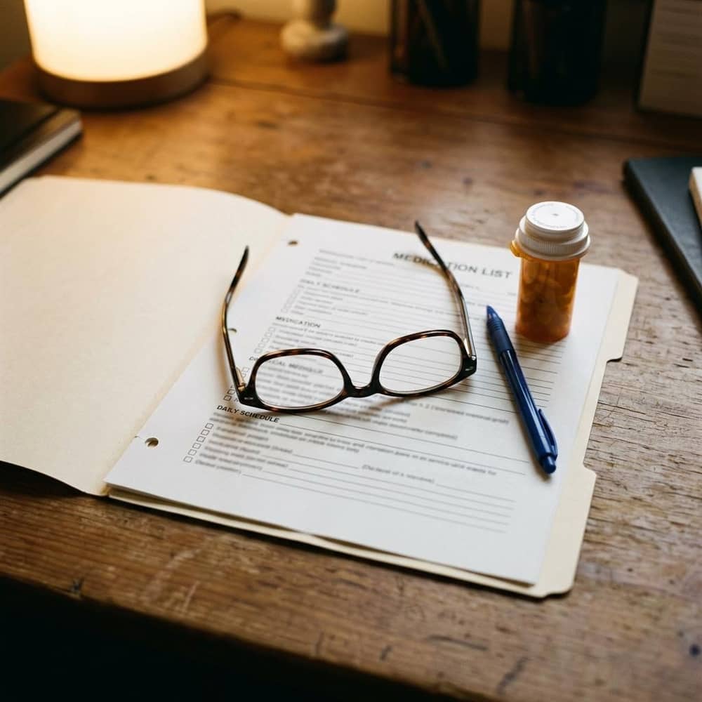 Printed medication list and folder on a desk under lamp light