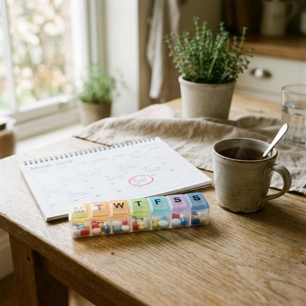 Weekly pill organizer beside a wall calendar on a kitchen table