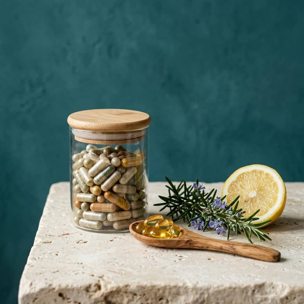 Glass jar of supplement capsules beside softgels and fresh rosemary
